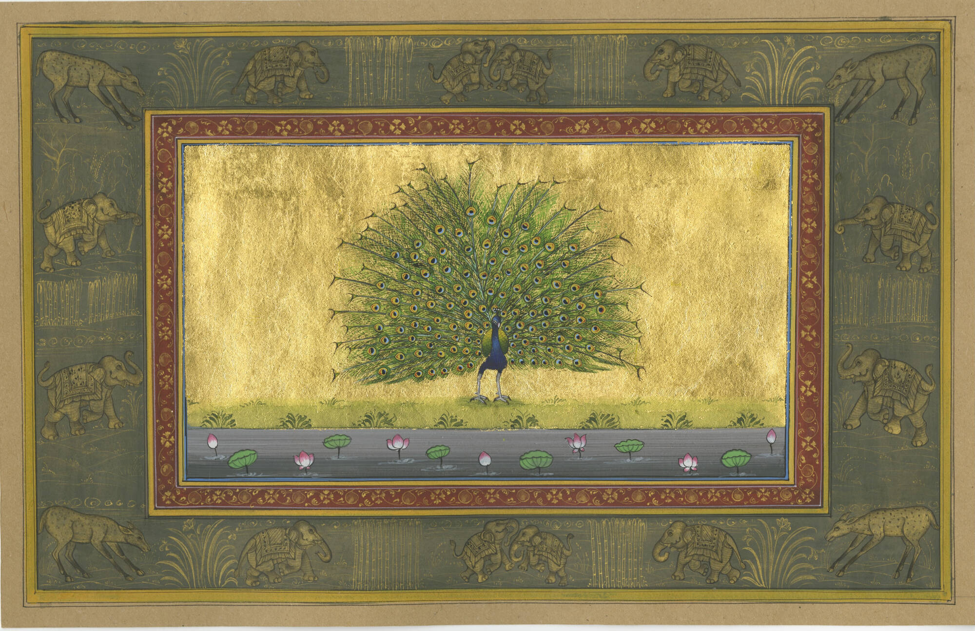 Indian miniature painting of a peacock surrounded by gold leaf and a wide border with other animals.